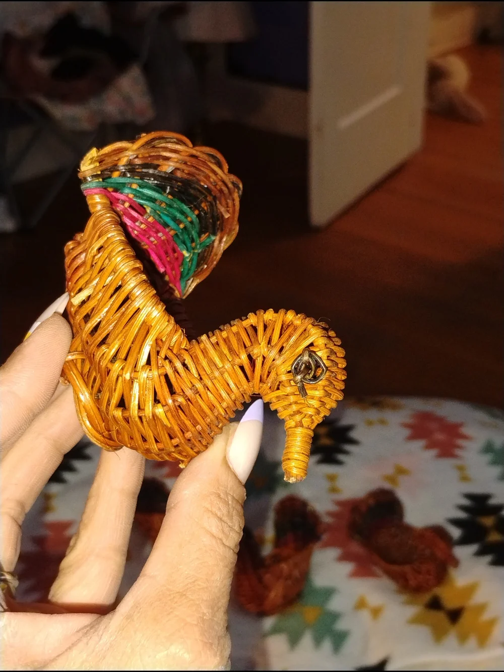 Set Of 4 Handwoven Brown Rattan Bird Toy with Colorful Tail Accent